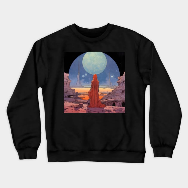 a person in a red robe looking at a large moon Crewneck Sweatshirt by Alekxemko